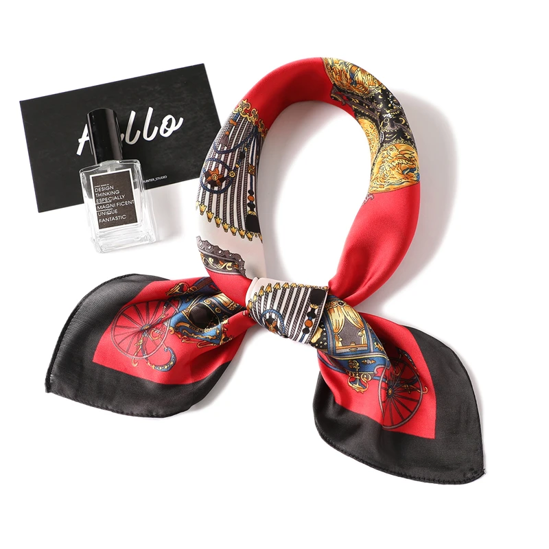 FJ08 red black Роскошный брендовый Элегантный женский квадратный шелковый шарф на шею, атласный шарф, обтягивающий Ретро галстук для волос, небольшой модный квадратный шарф 70x70 см - Цвет: FJ08 red black