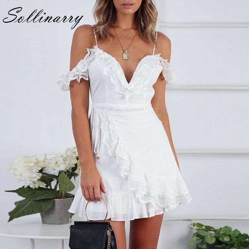 Sollinarry 2019 женское кружевное платье летние белые оборки в горошек сексуальные