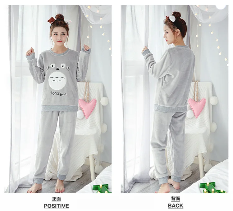 Winter Women Thick Warm Coral Velvet Pyjamas Sets Female Long Sleeve Flannel Pajamas Set Cartoon Cat Animal Brand Sleepwear | Женская