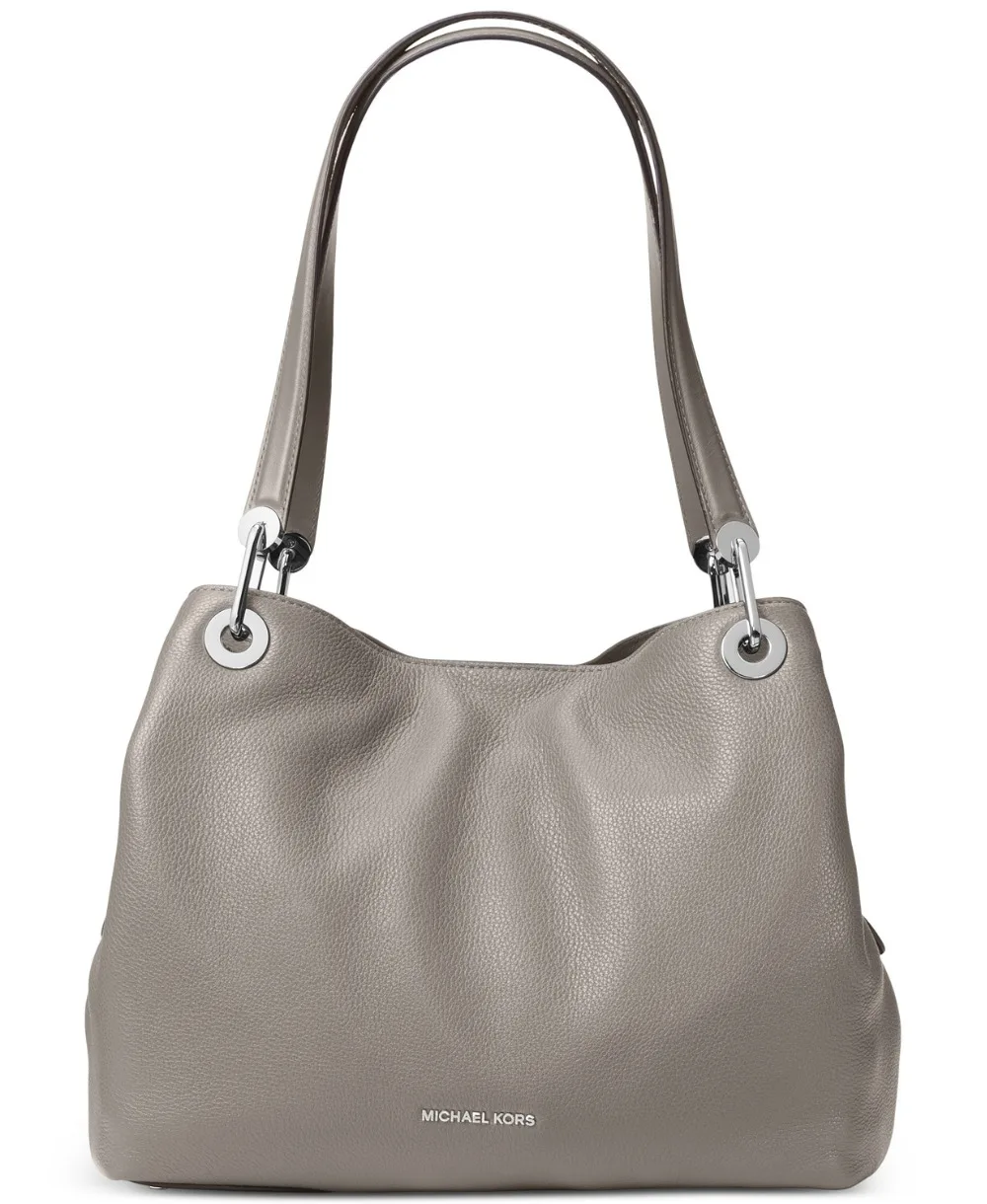 Сумка тоут на плечо из кожи с воронькой и галькой (жемчужно серый/серебристый)