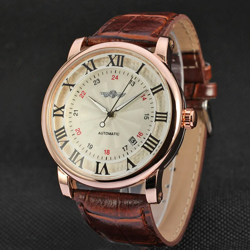 Relogio Relojes новые модные часы из розового золота, автоматические мужские механические часы с кожаным ремешком и датой на день