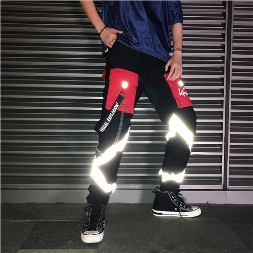 Черный Для мужчин 3м Reflective металлической цепью шаровары Штаны мужской Для женщин уличная одежда в стиле «хип-хоп», «панк» Повседневное брюки-карго и детей постарше мягкие тренировочные Штаны - Цвет: Черный