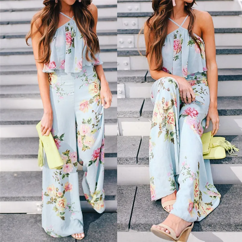 Женский комбинезон на бретельках длинный с цветочным принтом без рукавов
