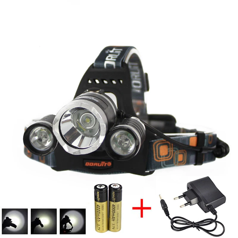 

BORUIT 6000lm 3x XM-L T6 LED 4-Modes Headlight Headlamp Torch+2X18650 Rechargeable Battery+AC Charger