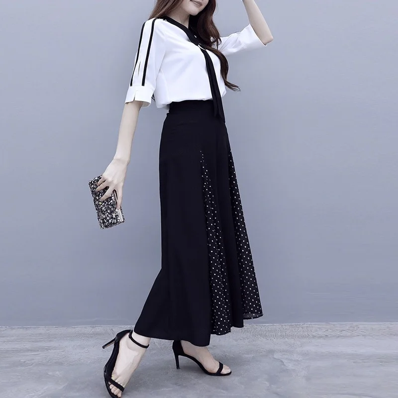 Женский комплект из двух предметов белая шифоновая блузка и широкие брюки костюм