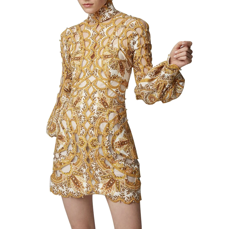 CHICEVER Summer Sexy Hollow Out Straight Dress For Women Stand Collar Lantern Sleeve Mini Print Dresses Female Fashion New