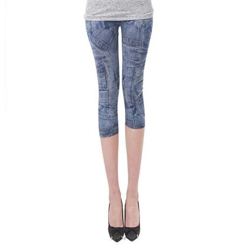 Style 1 Blue Хит сезона лето-весна, женские повседневные бесшовные леггинсы с имитацией ковбоя, Стрейчевые обтягивающие укороченные Леггинсы до середины икры, укороченные штаны - Цвет: Style 1 Blue