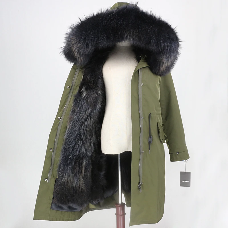 green grey OFTBUY X-long Parka, водонепроницаемая верхняя одежда, зимняя куртка для женщин, натуральный мех енота, капюшон, подкладка из лисьего меха, Съемный натуральный мех - Цвет: green grey