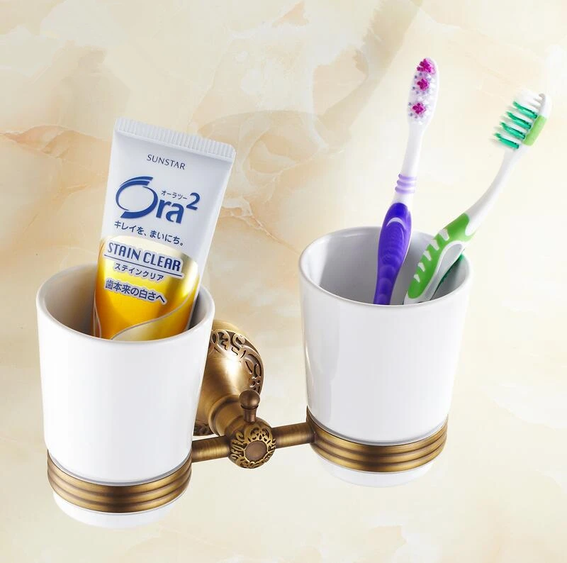 

Аксессуары для ванной комнаты, модный стакан для зубной щетки с античной латунной отделкой и держатель для чашки, креативный дизайн резьбы, ...