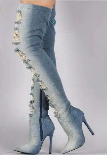 

Newest Fashion Casual Women High Boots Denim Material with holes Unique personality thin heels high heels pointed toe boots