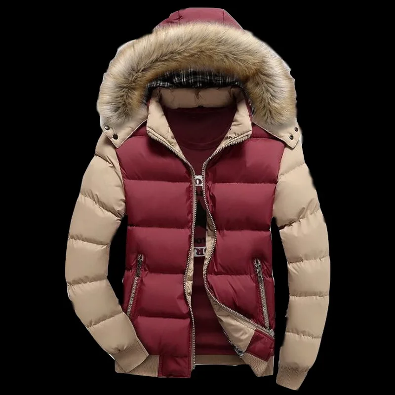 Parkas Winter Mens Jacket With Fur Collar Patchwork Padded Hooded Parkas Coat Men Jackets FIT -30 'C Outwear Asia Size M-4XL