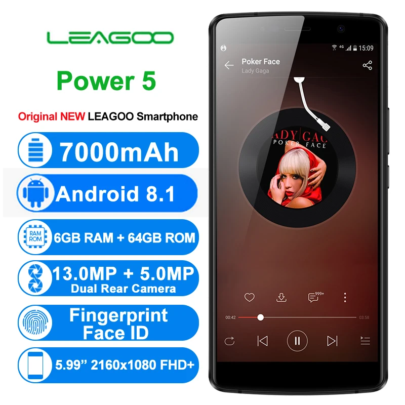 Оригинал LEAGOO power 5 4G мобильные телефоны Android 8 1 6 ГБ + 64 восьмиядерный смартфон 7000
