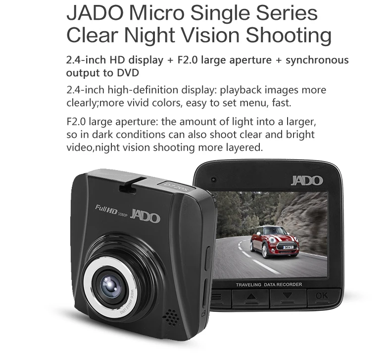 JADO 2,4 'Мини Автомобильный видеорегистратор Full HD 1080P видеорегистратор 140 градусов регистратор видеорегистратор ночного видения