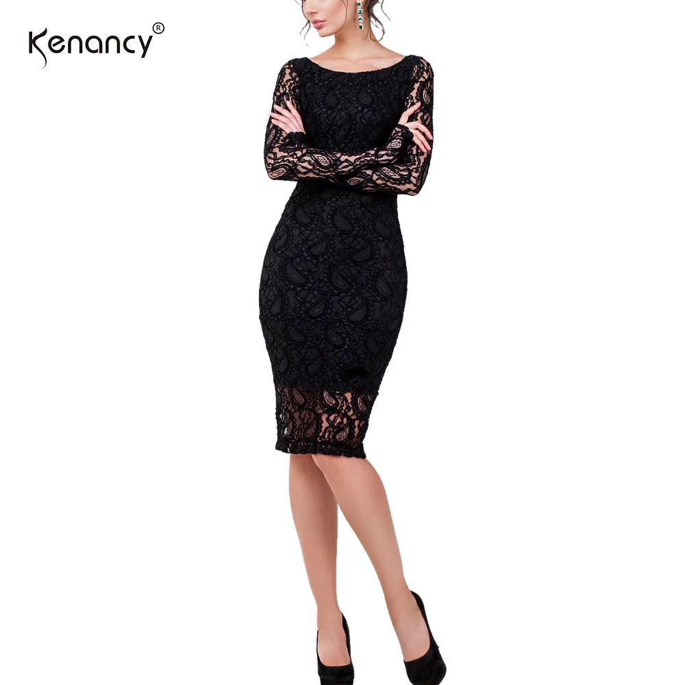 black Kenancy 3XL размера плюс, сексуальное кружевное платье, женские вечерние и Клубные платья с длинным рукавом, длина до колена, перспективное облегающее платье, Vestidos, элегантное, 2 цвета - Цвет: black