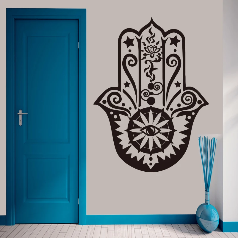 

Art Home Decor Hamsa Hand Wall Decal Vinyl Fatima Yoga Vibes 3D Wall Sticker Fish Eye Decals Indian Buddha Lotus Pattern Mural
