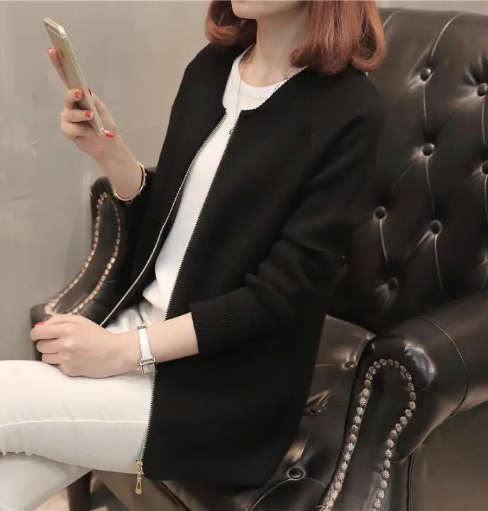 Черный Knitted cardigan new autumn winter women's Plus size Sweater Solid color Korean casual Slim Long sleeve sweater jacket - Цвет: Черный