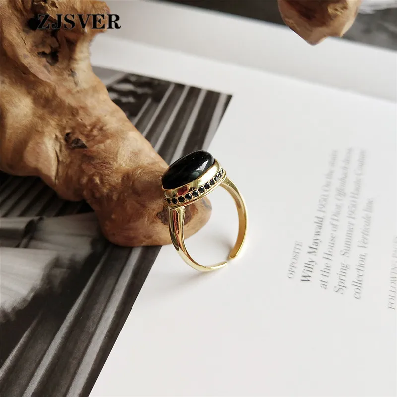 ZJSVER Korean Jewelry 925 Sterling Silver Ring Golden Retro Elliptical Black Agate Adjustable Women Rings For Festival Present | Украшения