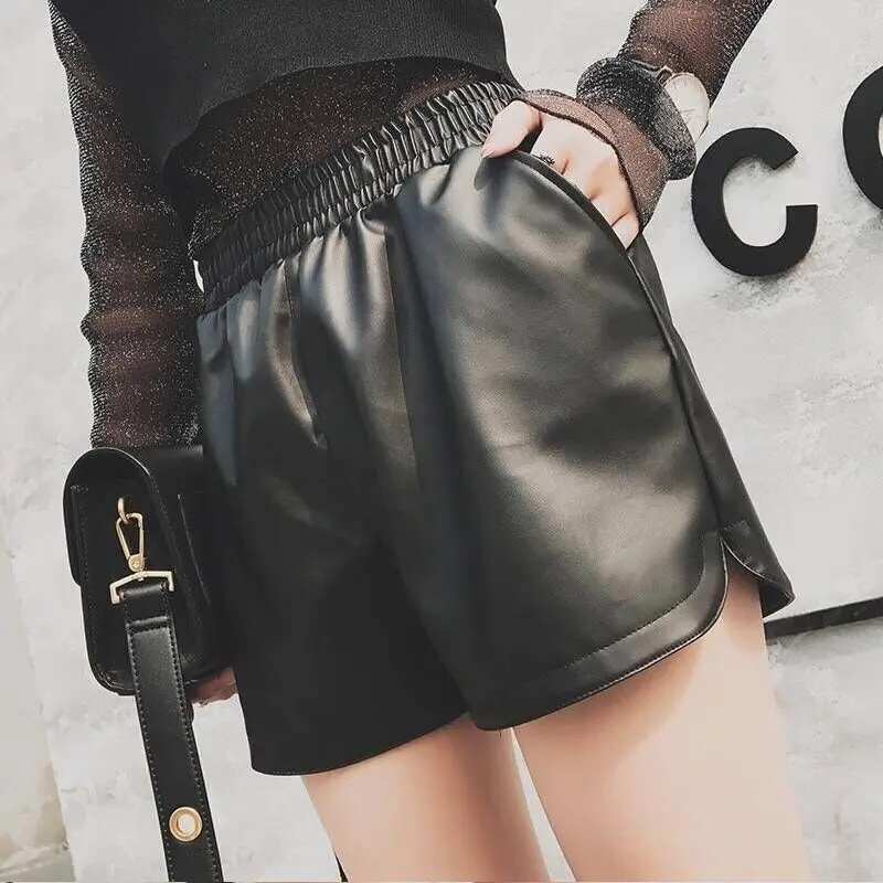 Женские черные шорты из искусственной кожи новинка сезона весна осень 2019