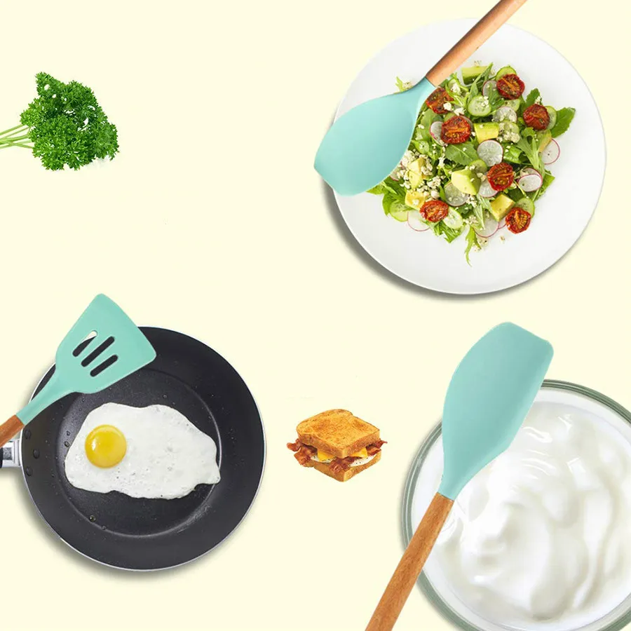 Силиконовая кухонная утварь набор, бамбуковые деревянные ручки Инструмент для готовки нетоксичные силиконовые кухонные гаджеты