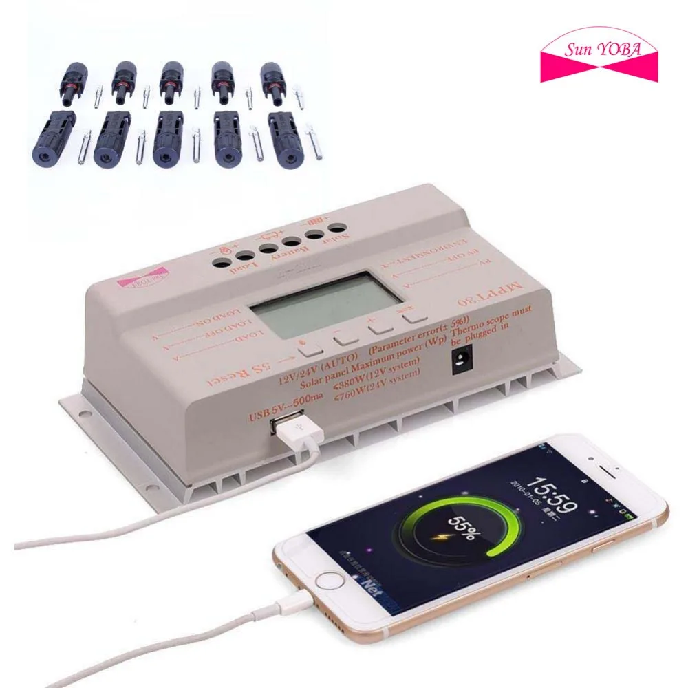 Солнечный yoba LCD 30A регулятор MPPT Контроллер заряда солнечной панели 12 В/24 В 380 Вт/760