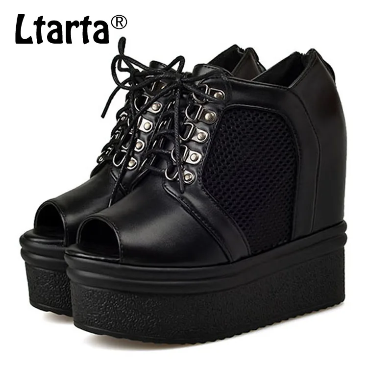 Женские босоножки на танкетке COWCOM черные и белые Босоножки с открытым носком JXQ 182