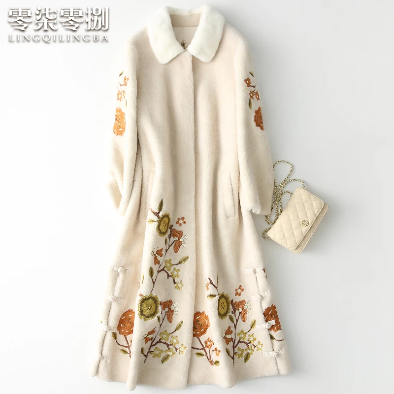 Женское длинное пальто из овчины с воротником натурального меха норки Осень зима