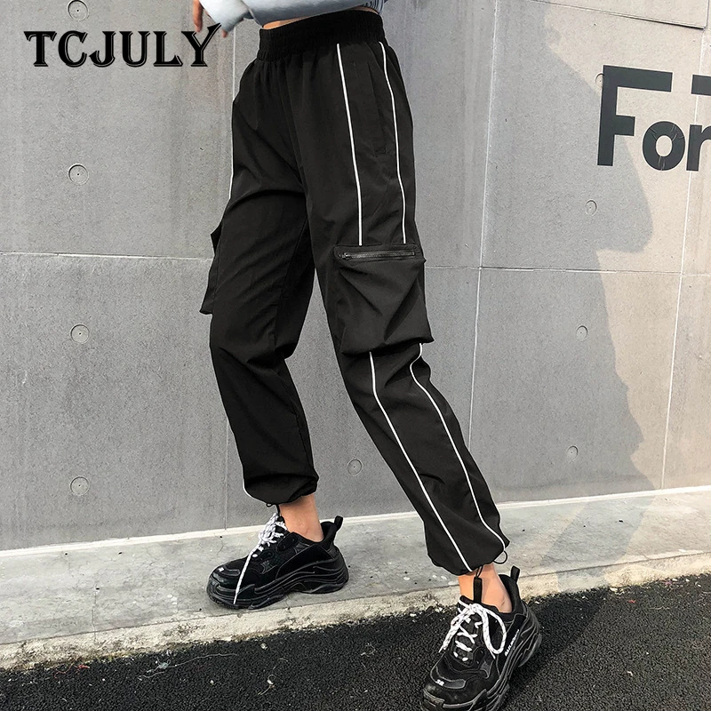 TCJULY/демисезонные уличные шаровары с высокой талией и боковыми полосками