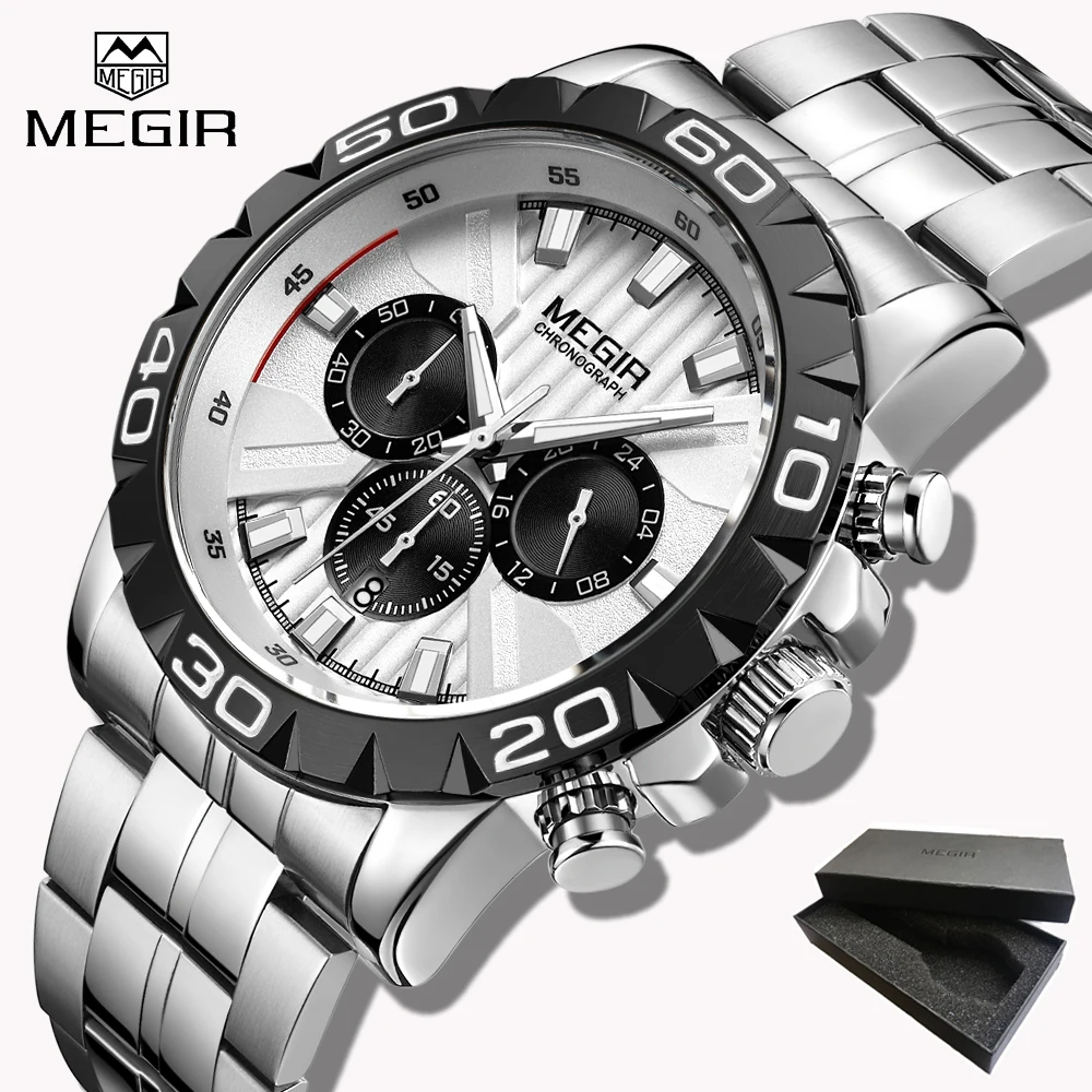 

MEGIR Top Luxury Brand Quartz Watch Men Analog Chronograph Wrist Watch Full Stainless Steel Band Wristwatch Auto Date Gift box
