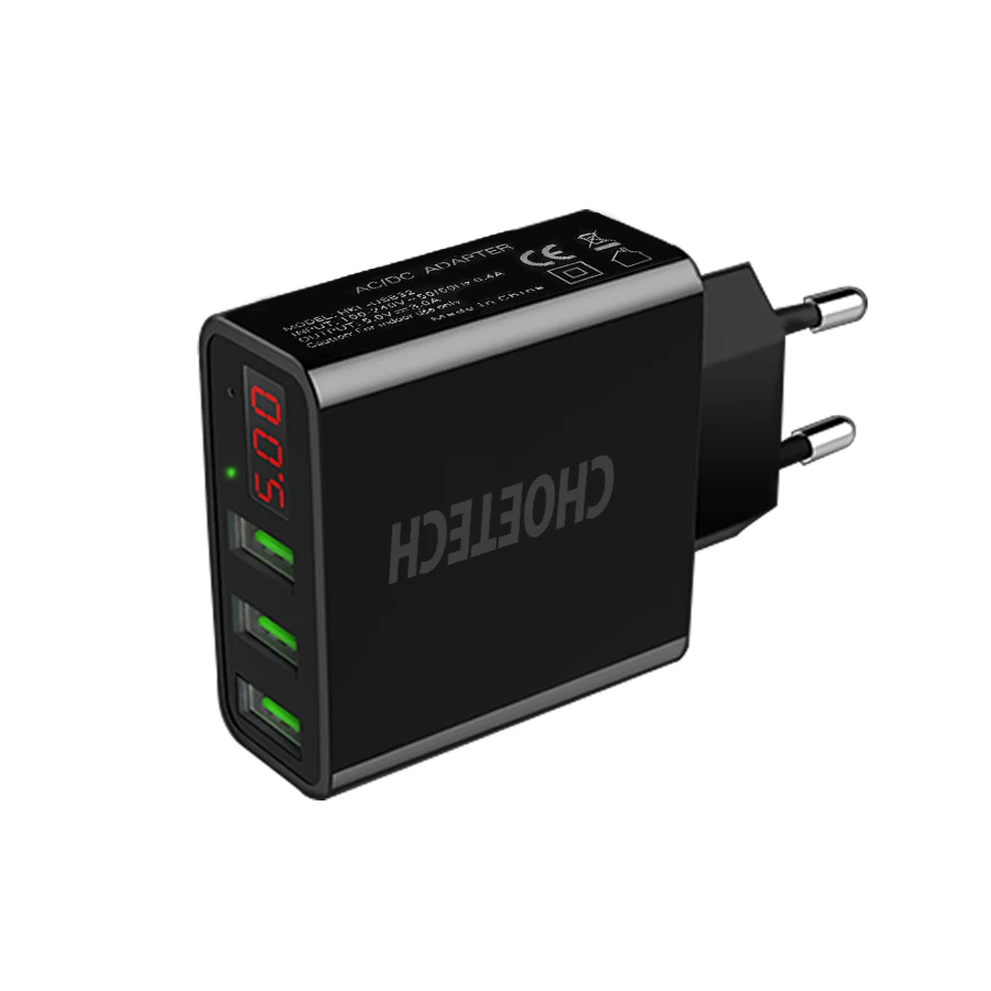 CHOETECH 3 USB зарядное устройство для мобильного телефона светодиодный дисплей дорожное настенное зарядное устройство Быстрая Зарядка адаптер 5 В/3 А 15 Вт для iPhone 11 X XR XS MAX 8