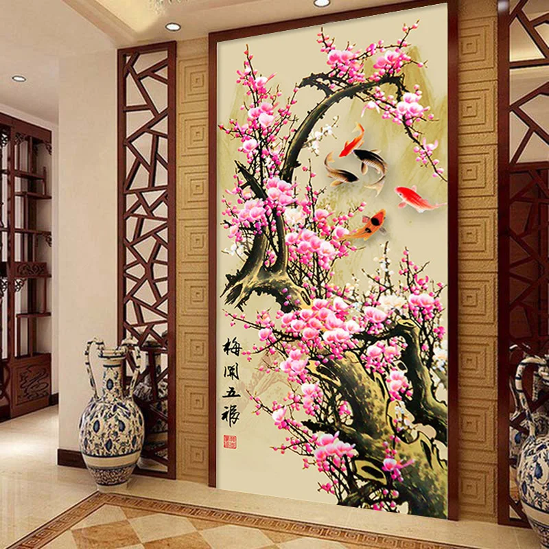 QIANZEHUI DIY Вышивка с изображением пейзажа сливы девять рыб круглая Алмазная полная