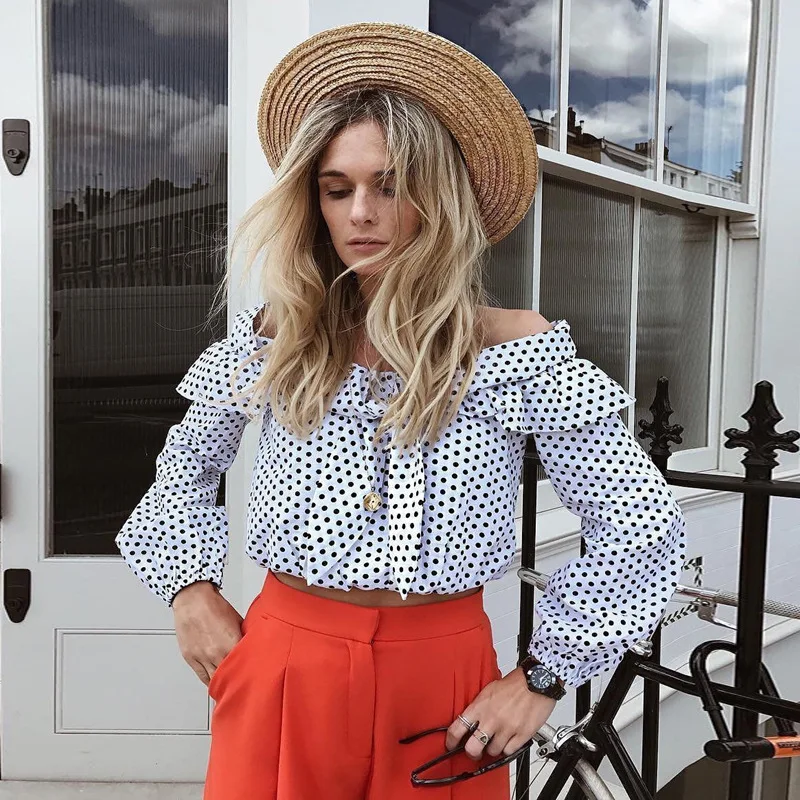 Женская блузка в горошек с длинным рукавом без бретелек|Блузки| |