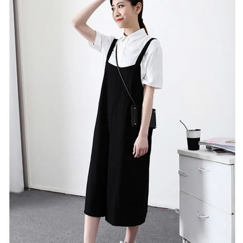 Free Shipping 2017 New Fashion Plus Size XS-9XL Spring And Autumn Loose Wide Leg Pants Jumpsuit Bib Pants 3/4 Overalls Balck