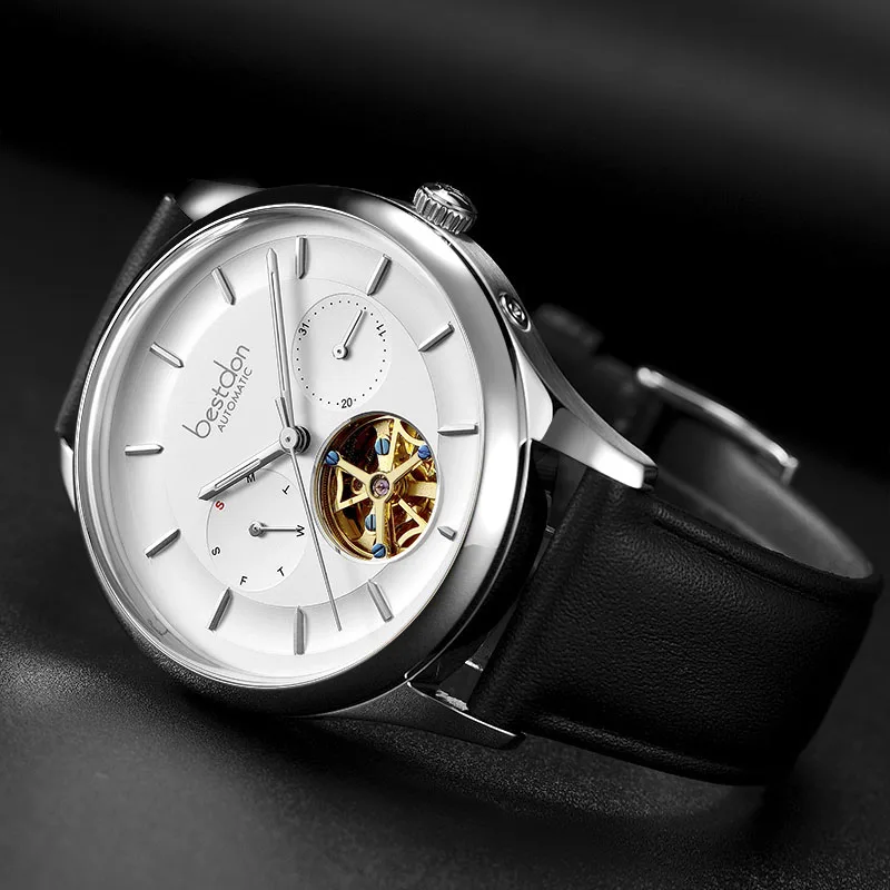 Silver-white-leather Bestdon изогнутые мужские часы, швейцарские механические часы, модные спортивные часы со скелетом, роскошные брендовые кожаные часы, мужские часы - Цвет: Silver-white-leather