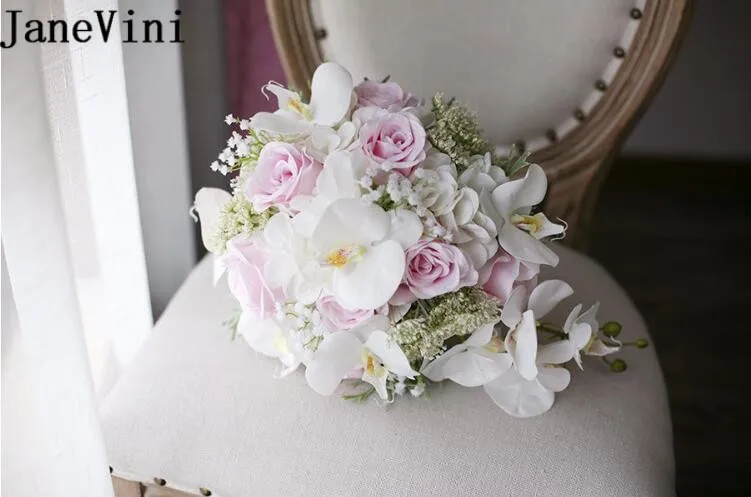 Женский Свадебный букет невесты JaneVini розовый с водопадом искусственный белый