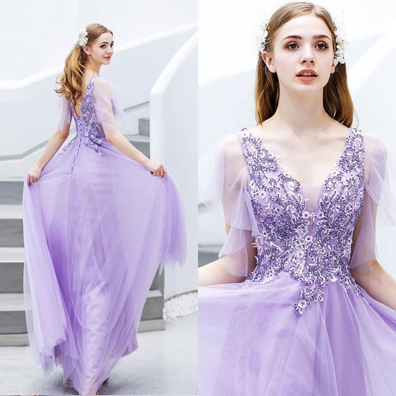 Фото Вечернее платье из тюля светло-фиолетового цвета с V-образным вырезом и