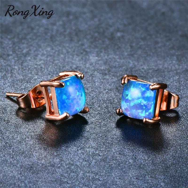 Женские серьги гвоздики RongXing квадратные с голубым огненным опалом и камнем