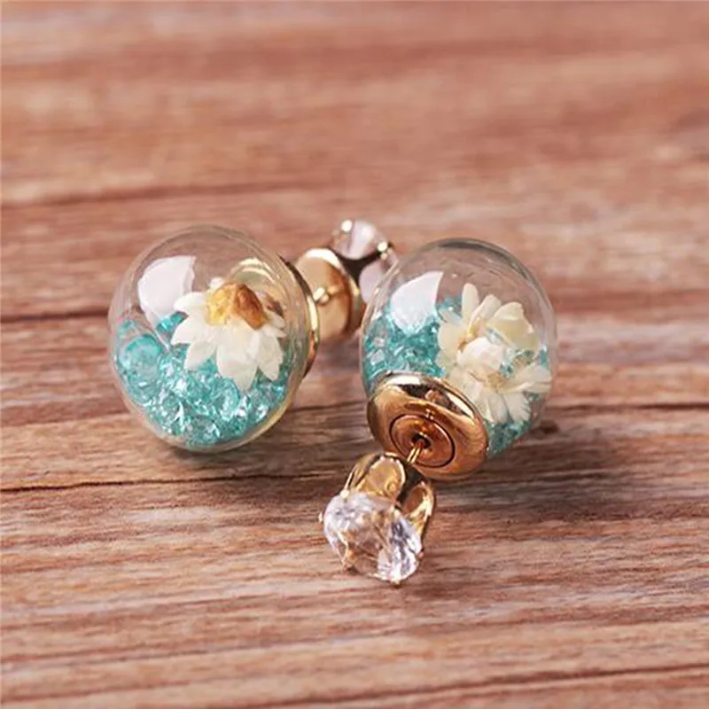 Charm Women Elegant Dried Flower Rhinestone Ball Ear Studs Earrings Gift Pink Purple Blue Floating Earring For | Украшения и