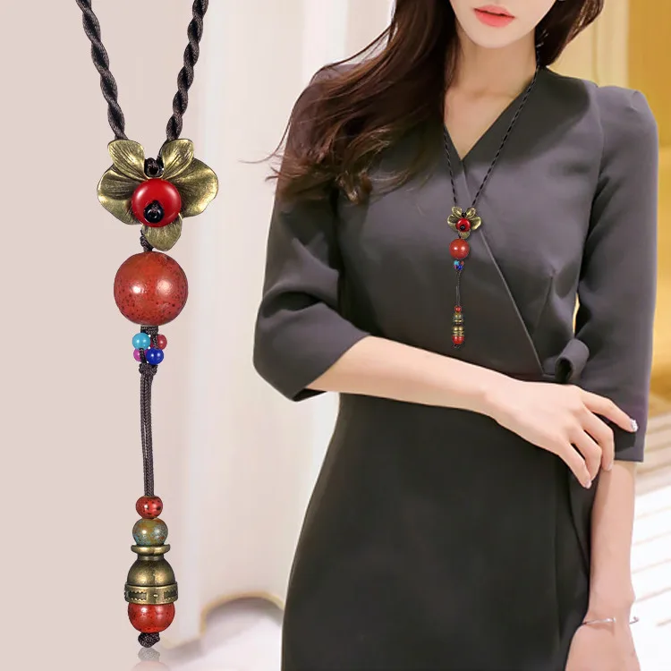 Модный винтажный народный стиль бусины в стиле ретро цветок кулон длинный свитер