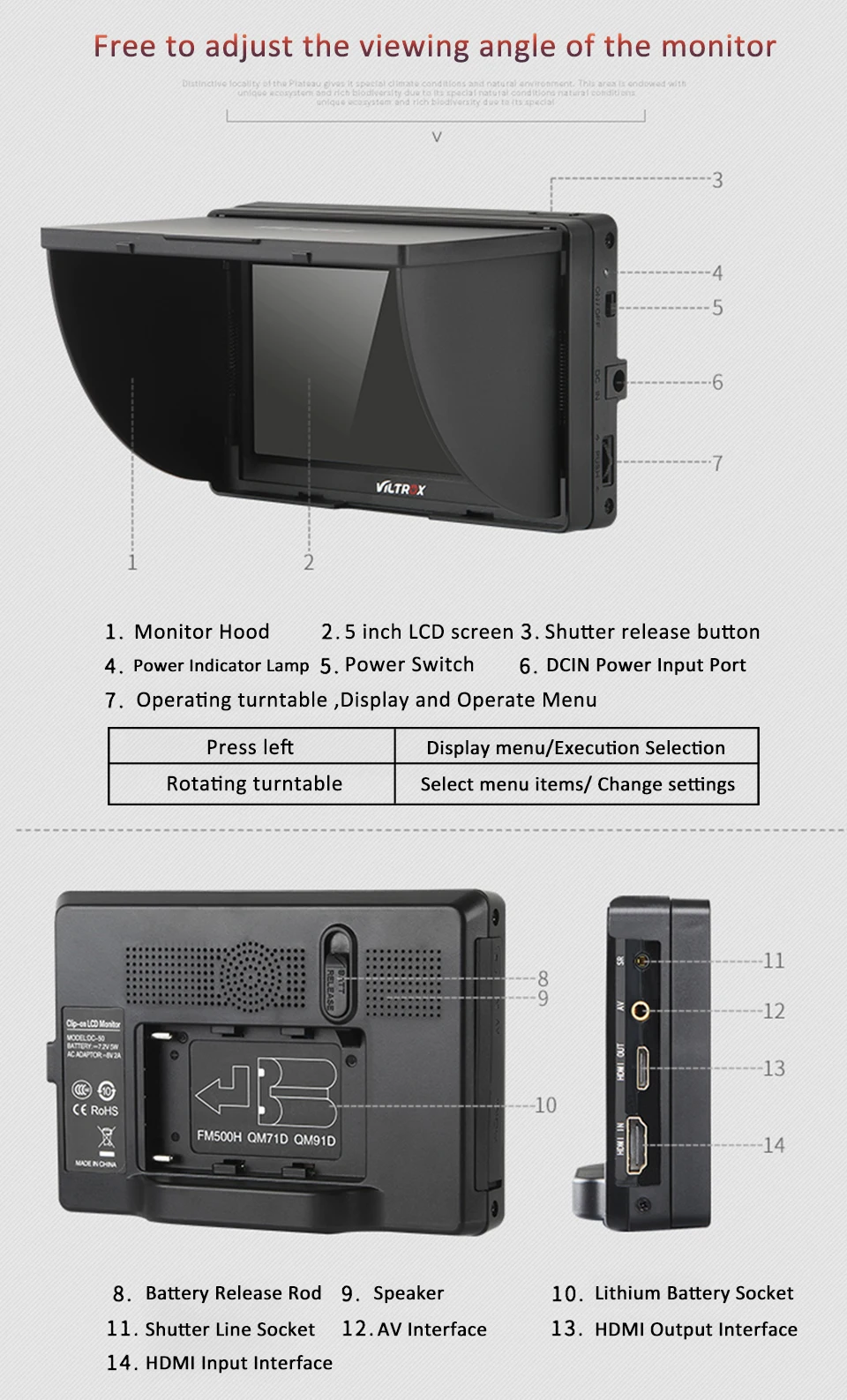 Viltrox DC 50 Viltrox DC-50 портативный 5 дюймов экран 480P цветной жидкокристаллический монитор HDMI на клипсе для студийной фотосъемки аксессуары
