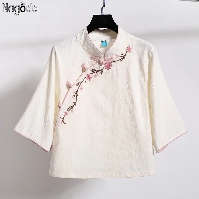 

Nagodo Chinese Style Linen Top 2019 Spring Summer Embroidery Cheongsam Shirt Traditional Chinese Clothing For Women Hanfu S-XXL