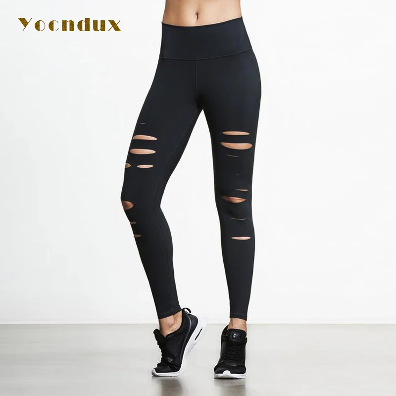 Yocndux спортивные Yoga Брюки для девочек дырочку пикантные Для женщин Леггинсы для женщин Фитнес gymming черные брюки дамы Высокая Талия упругой Капри xl