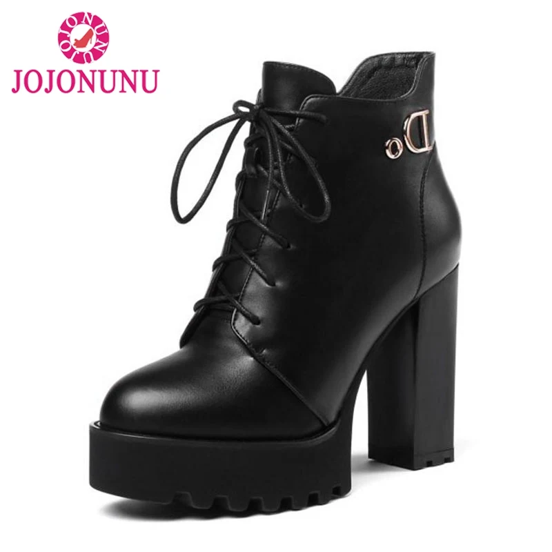 FITWEE Women Thick High Heels Ankle Boots Lace Up Platform Shoes Winter Strappy Round Toe Zipper Size 34-39 | Обувь