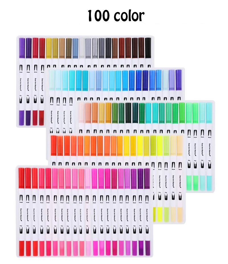 white 100 color 12/18/24/36/48/72/100 шт. Цвета маркер для рисования ручка двойной наконечник кисть отлично лайнер для рисования акварельных маркерных ручек декоративно-прикладного искусства расходные материалы - Цвет: white 100 color