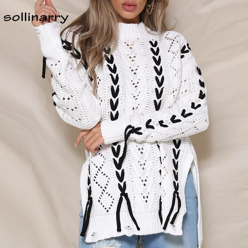 Sollinarry Oversize Harajuku Пуловеры для женщин свитер кружево Up выдалбливают Белый свитеры