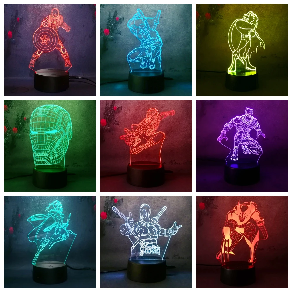 Cool Marvel Hero 3D ночник 7 цветов Человек паук Железный человек Бэтмен чудо женщина