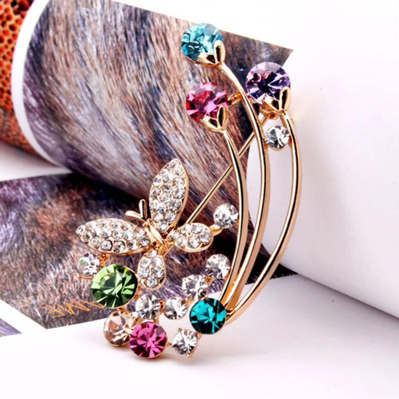 Мода 2017 г. Кристалл Бабочка Женщины Броши Модные животных Женские цветочные