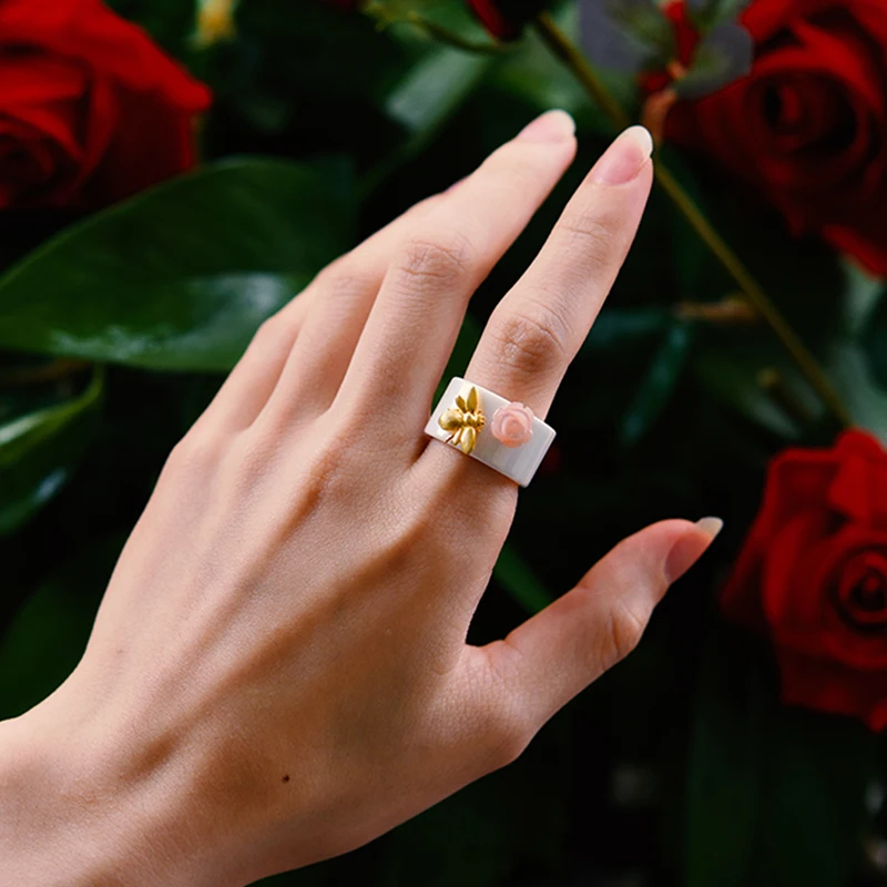 Lotus Fun, настоящее 925 пробы Серебряное кольцо, натуральное ювелирное изделие ручной работы, керамическое кольцо, милая пчела, поцелуй из розы, кольца для женщин