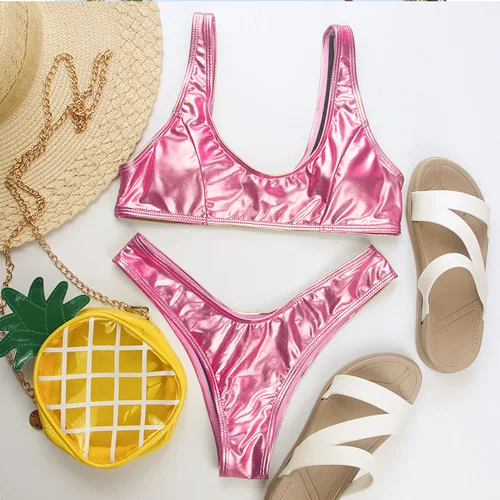 Pink Bikini Megartico женский купальник цельный золотые стринги бикини Набор Купальники Бразильский Серебряный глубокий v-образный вырез открытая спина трикини сексуальный mujer - Цвет: Pink Bikini
