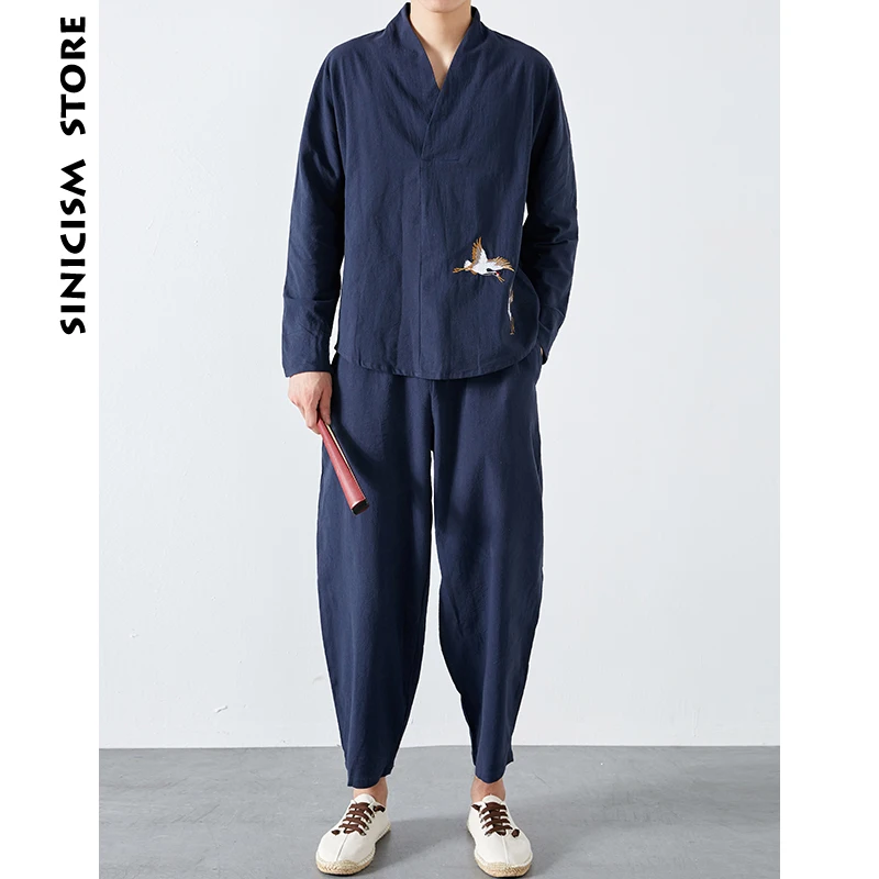 Sinicism магазине Для мужчин Crane Embroidery костюм 2018 s хлопок Винтаж черный с длинным