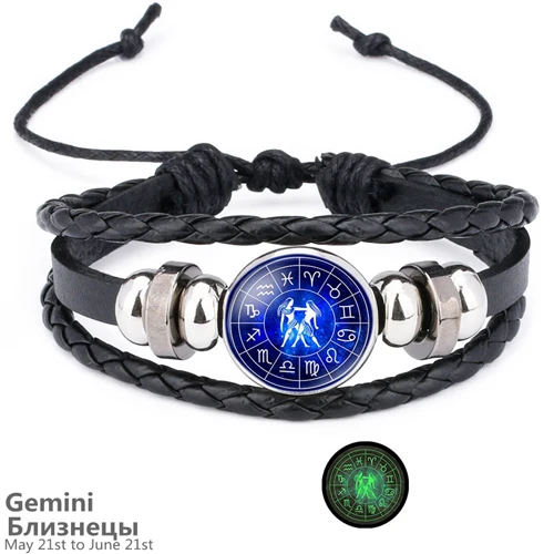 Gemini Светящийся 12 Созвездие Знак зодиака черный кожаный браслет Рак Лев Дева весы Тканые Стеклянные купольные украшения панк мужской браслет - Окраска металла: Gemini
